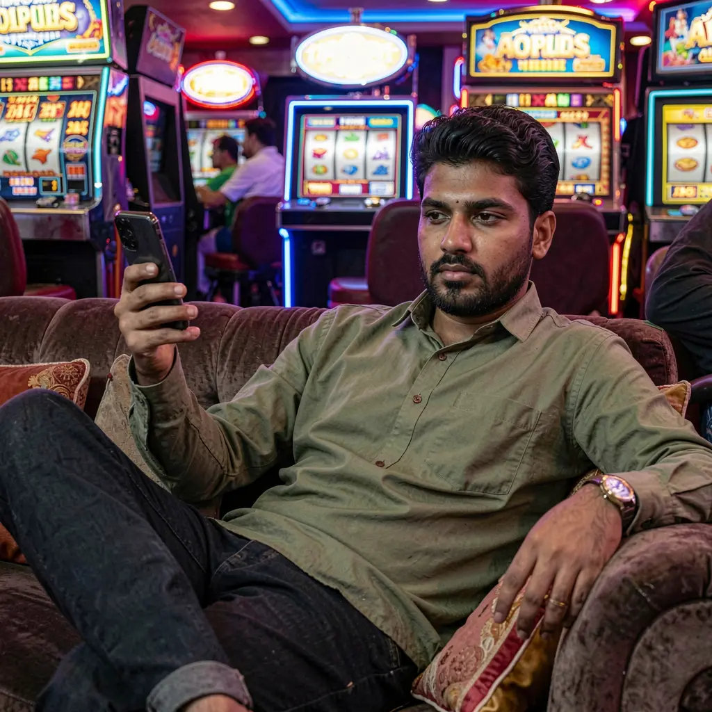 Stylish Bangladeshi player using the QQQ 777 casino app on his phone while relaxing in front of colorful slot machines and neon lights