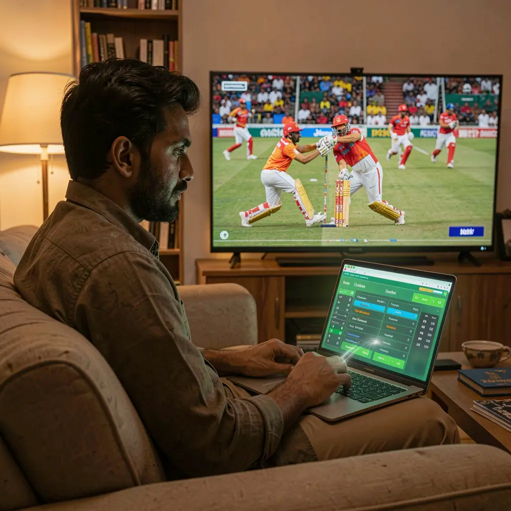 Professional Bangladeshi bettor placing live cricket bets on a laptop with QQQ 777 while watching a match on TV in a modern home