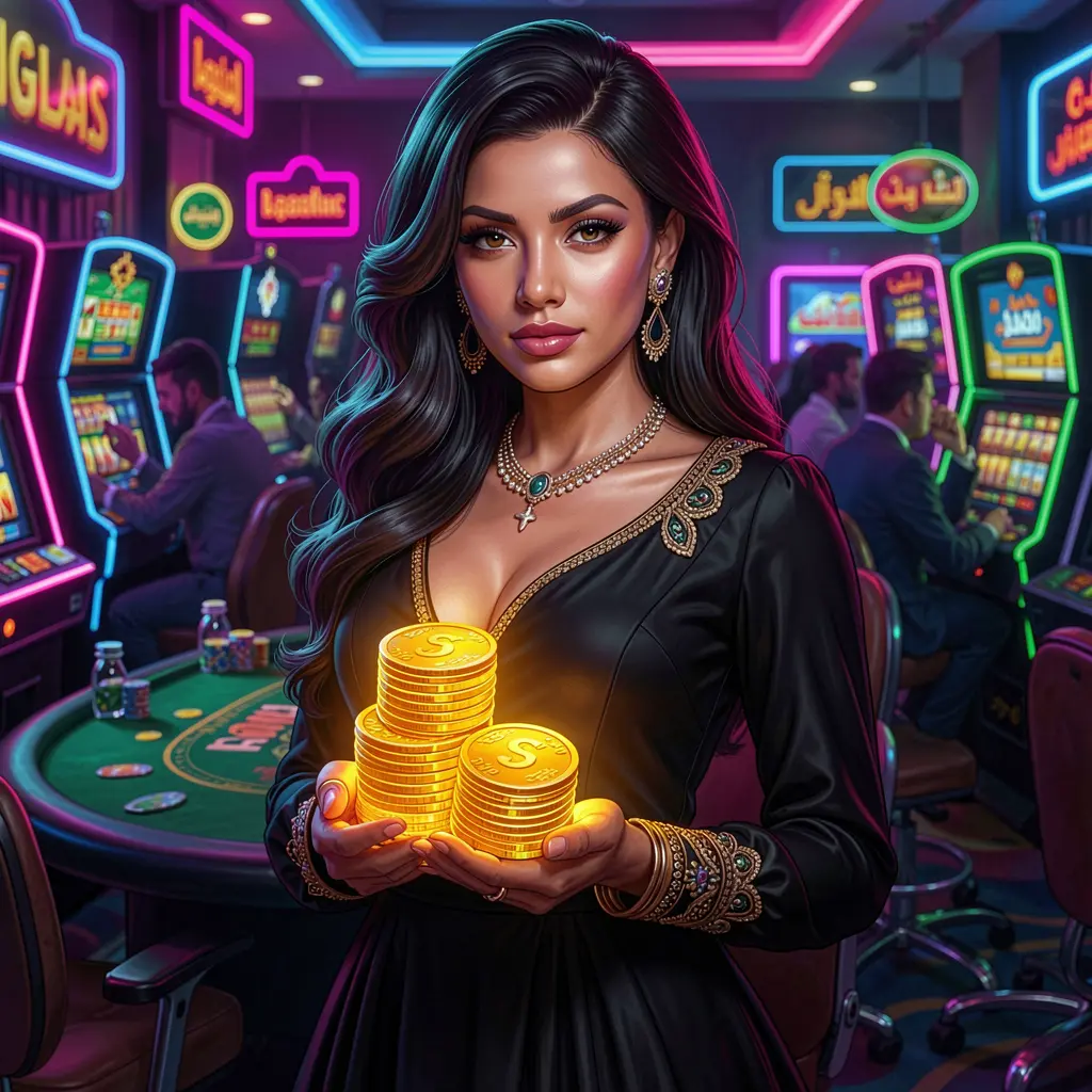 Stylish woman holding casino chips in a vibrant neon casino setting representing the premium gaming experience at QQQ 777 for players in Bangladesh