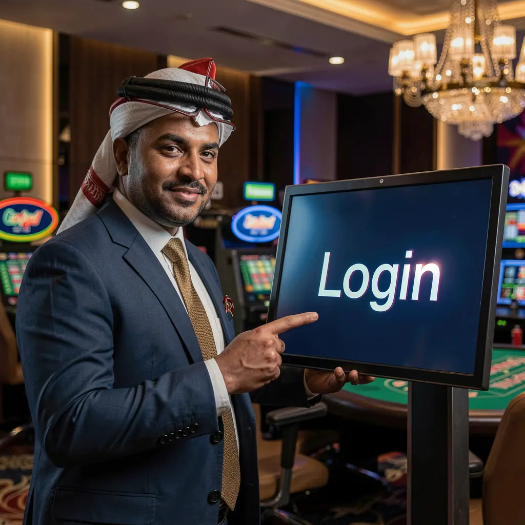 Confident Bangladeshi casino dealer pointing at a digital login screen inside a modern QQQ 777 casino setting