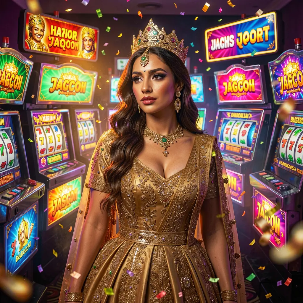 Elegant female player enjoying vibrant slot machines with glowing reels and jackpot lights at QQQ 777 casino in Bangladesh
